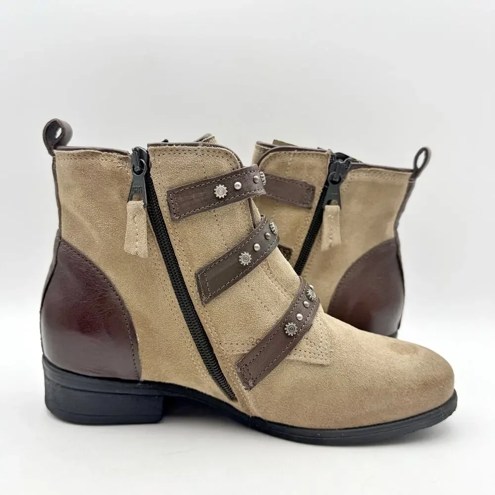 Miz Mooz Womens Sherri Ankle Boots EU 36 Size 6 Pebble Tan Suede Buckle EUC